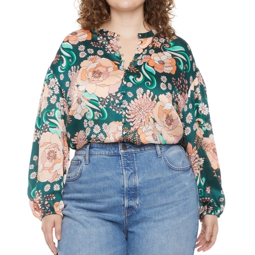 Ryegrass Green Floral Plus Womens Button down Long Sleeve Blouse XL